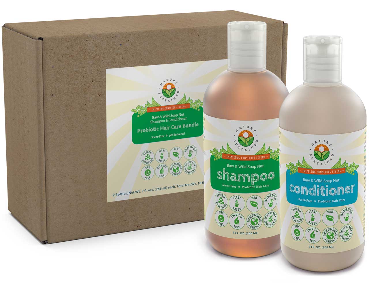 Picture of 2 bottles of Natural Soapberry Shampoo, Conditioner 9oz Gift Set by Nature Sustained