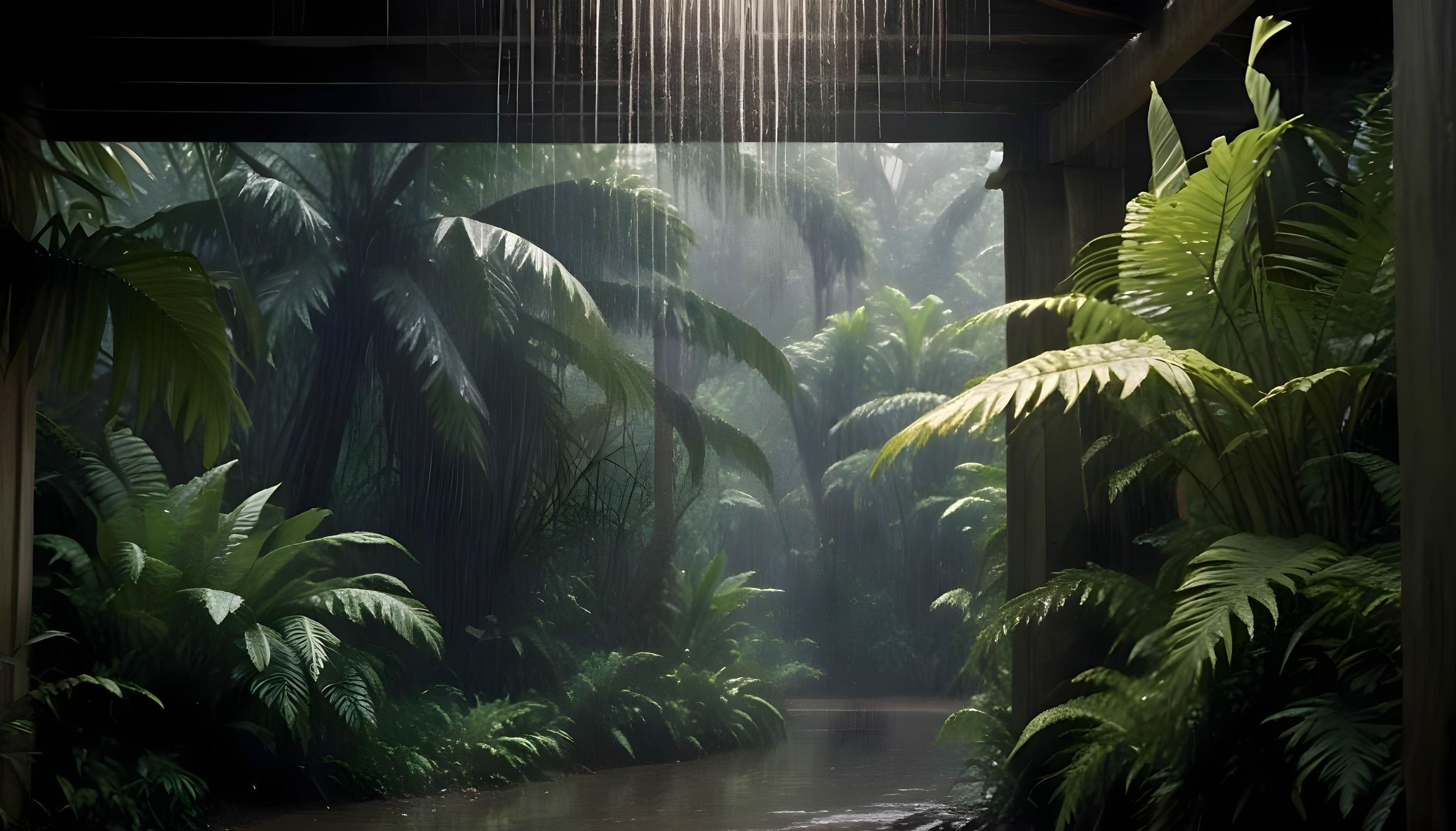 Scene of a tropical rainforest jungle shower depicting the origins of Nature Sustained Natural Shampoo, Conditioner and Body Wash Shower Products.