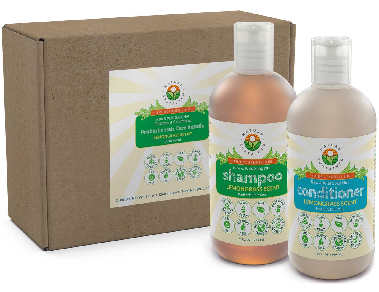 Picture of 2 bottles of Natural Soapberry Shampoo, Conditioner Lemongrass 9oz by Nature Sustained.