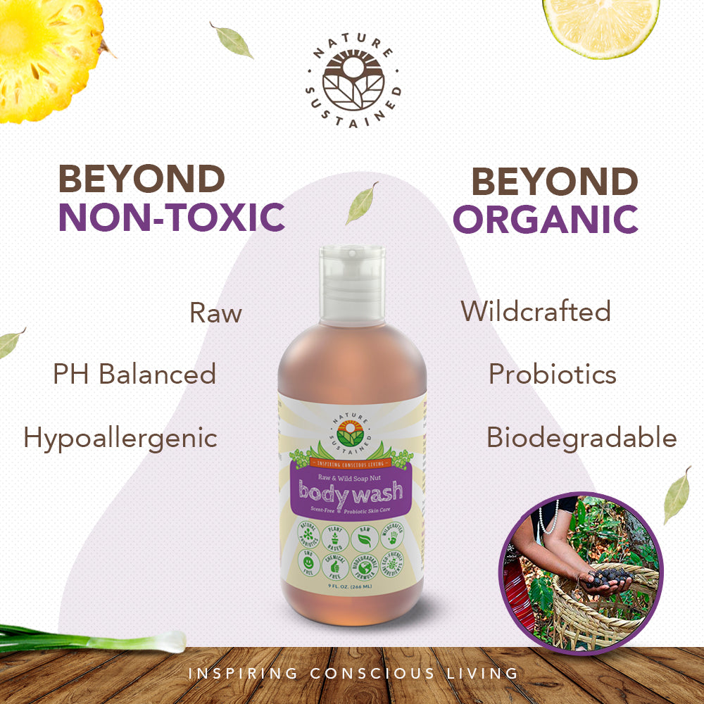Infographic detailing non-toxic and organic qualities of Nature Sustained Raw Organic Soapberry Body Wash