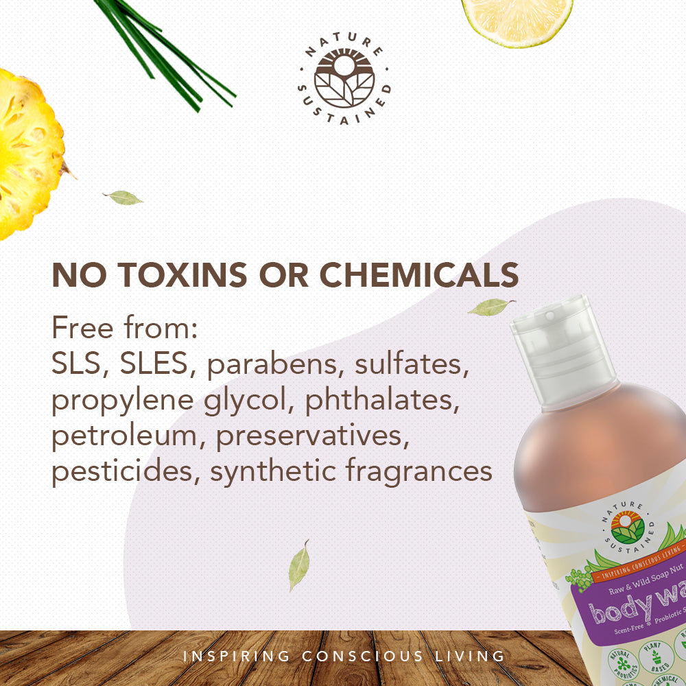 Infographic detailing chemical free qualities of Nature Sustained Raw Organic Soapberry Body Wash