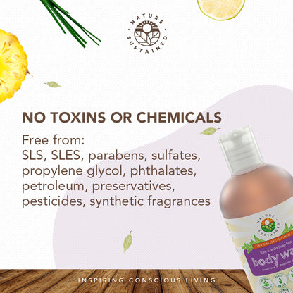 Infographic detailing chemical free qualities of Nature Sustained Raw Organic Soapberry Body Wash