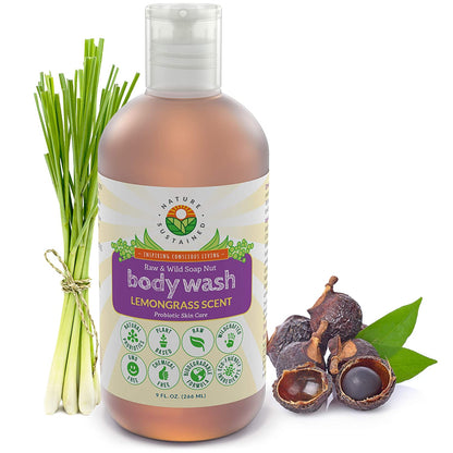 Picture of a bottle of Natural Soapberry Body Wash scented with Lemongrass 9oz by Nature Sustained.